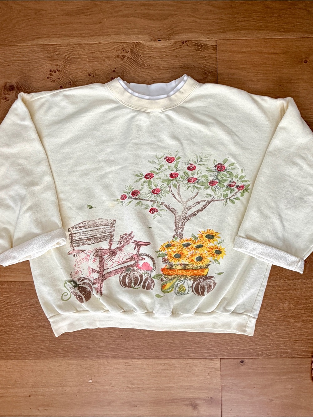 VTG 90s Double Collar Fall Season Apple Tree Pumpkin Graphic Sweatshirt Cream L